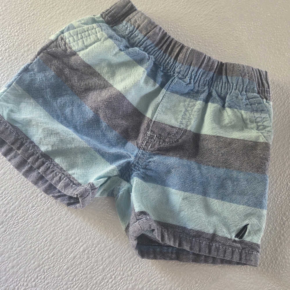 Nautica Aqua and Navy Striped Kids Swim Trunks